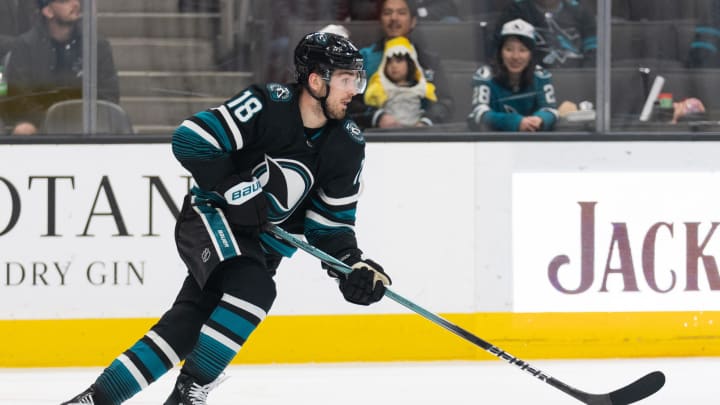 Feb 29, 2024; San Jose, California, USA;  San Jose Sharks right wing Filip Zadina (18) controls the puck during the third period against the Anaheim Ducks at SAP Center at San Jose. Mandatory Credit: Stan Szeto-USA TODAY Sports