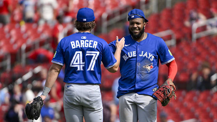 St. Louis, Missouri, USA; Toronto Blue Jays first baseman Vladimir Guerrero Jr. (27) celebrates with third baseman Addison Barger (47) after the Blue Jays defeated the St. Louis Cardinals at Busch Stadium. St. Louis, Missouri, USA; Toronto Blue Jays first baseman Vladimir Guerrero Jr. (27) celebrates with third baseman Addison Barger (47) after the Blue Jays defeated the St. Louis Cardinals at Busch Stadium.