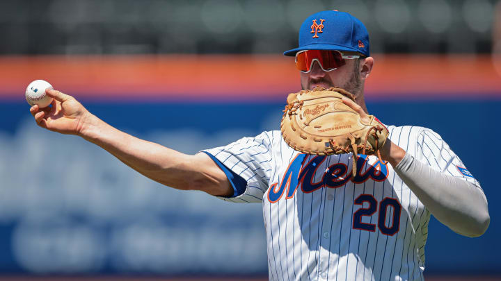 Jul 11, 2024; New York City, New York, USA; New York Mets first baseman Pete Alonso (20) warms up before the game against the Washington Nationals at Citi Field. Mandatory Credit: Vincent Carchietta-USA TODAY Sports