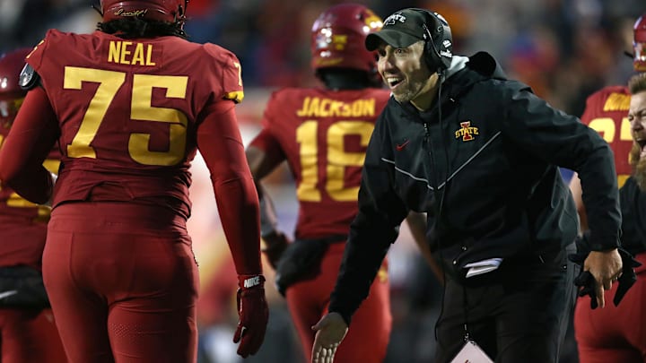 Dec 29, 2023; Memphis, TN, USA; Iowa State Cyclones head coach Matt Campbell (right) reacts with Iowa State Cyclones offensive linemen James Neal (75) during the second half against the Memphis Tigers at Simmons Bank Liberty Stadium. Mandatory Credit: Petre Thomas-Imagn Images Dec 29, 2023; Memphis, TN, USA; Iowa State Cyclones head coach Matt Campbell (right) reacts with Iowa State Cyclones offensive linemen James Neal (75) during the second half against the Memphis Tigers at Simmons Bank Liberty Stadium. Mandatory Credit: Petre Thomas-Imagn Images