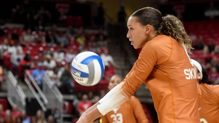 Texas' Madisen Skinner passes the ball against Texas Tech in a Big 12 volleyball match, on Sunday, Oct. 2, 2022, at United Supermarkets Arena.