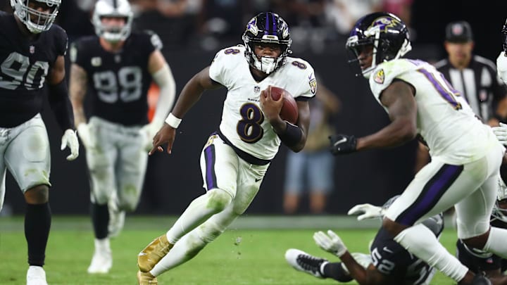 Sep 13, 2021; Paradise, Nevada, USA; Baltimore Ravens quarterback Lamar Jackson (8) against the Las Vegas Raiders during Monday Night Football at Allegiant Stadium. Mandatory Credit: Mark J. Rebilas-Imagn Images