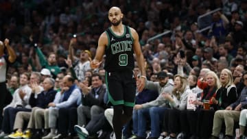 Boston Celtics guard Derrick White (9) after making a 3.