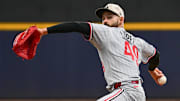 May 17, 2025; Milwaukee, Wisconsin, USA; Minnesota Twins starting pitcher Pablo Lopez (49) throws a pitch in the first inning against the Milwaukee Brewers at American Family Field. Mandatory Credit: Benny Sieu-Imagn Images