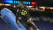 Feb 27, 2025; Indianapolis, IN, USA; Virginia Tech defensive lineman Antwaun Powell-Ryland (DL60) participates in drills during the 2025 NFL Combine at Lucas Oil Stadium. Mandatory Credit: Kirby Lee-Imagn Images