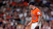 Sep 19, 2025; Houston, Texas, USA; Houston Astros starting pitcher Hunter Brown (58) reacts after a strike out to retire the side against the Seattle Mariners during the sixth inning at Daikin Park. Mandatory Credit: Erik Williams-Imagn Images