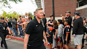 Aug 30, 2025; Corvallis, Oregon, USA; Oregon State Beavers head coach Trent Bray greets fans before the game against the California Golden Bears at Reser Stadium. Mandatory Credit: Craig Strobeck-Imagn Images