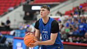 Duke Blue Devils forward Cooper Flagg (2) catches a pass during the NCAA pre tournament practice at Lenovo Center at Lenovo Center. 