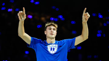 Oct 4, 2024; Durham, NC, USA; Duke Blue Devils guard Cooper Flagg (2) is introduced to the fans during Countdown to Craziness at Cameron Indoor Stadium. Mandatory Credit: Jaylynn Nash-Imagn Images