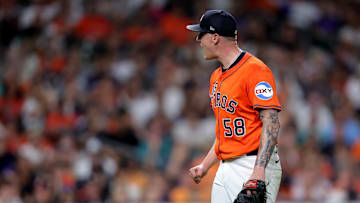 Sep 19, 2025; Houston, Texas, USA; Houston Astros starting pitcher Hunter Brown (58) reacts after a strike out to retire the side against the Seattle Mariners during the sixth inning at Daikin Park. Mandatory Credit: Erik Williams-Imagn Images