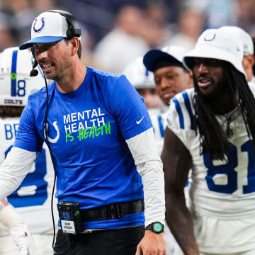 Indianapolis Colts head coach Shane Steichen high fives his team Saturday, Aug. 17, 2024, during a preseason game between the Indianapolis Colts and the Arizona Cardinals at Lucas Oil Stadium in Indianapolis. The Colts defeated the Cardinals, 21-13.