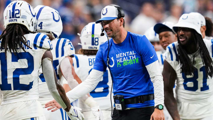 Indianapolis Colts head coach Shane Steichen high fives his team Saturday, Aug. 17, 2024, during a preseason game between the Indianapolis Colts and the Arizona Cardinals at Lucas Oil Stadium in Indianapolis. The Colts defeated the Cardinals, 21-13.