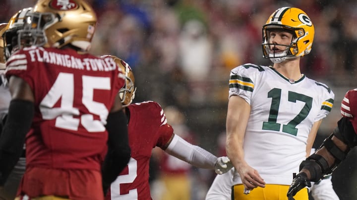 Green Bay Packers place kicker Anders Carlson (17) watches his field goal during the second quarter of their NFC divisional playoff game against the San Francisco Saturday, January 20, 2024 at Levi    Stadium in Santa Clara, California.