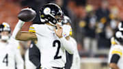 Nov 21, 2024; Cleveland, Ohio, USA; Pittsburgh Steelers quarterback Justin Fields (2) throws the ball during warm ups before the game against the Cleveland Browns at Huntington Bank Field Stadium. Mandatory Credit: Scott Galvin-Imagn Images