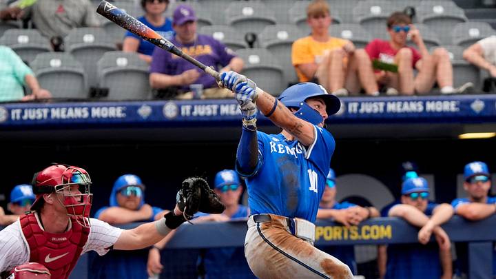 May 20, 2025; Hoover, AL, USA; Kentucky second baseman Luke Lawrence (10) lines a double off the wall in center against Oklahoma in the first round of the SEC Baseball Tournament at the Hoover Met.