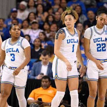 Mar 23, 2025; Los Angeles, California, USA; UCLA Bruins Gabriela Jaquez (11), Londynn Jones (3), Kiki Rice (1), Kendall Dudley (22), and Lauren Betts (51) during an NCAA Tournament second round game against the Richmond Spidersat Pauley Pavilion presented by Wescom. Mandatory Credit: Robert Hanashiro-Imagn Images