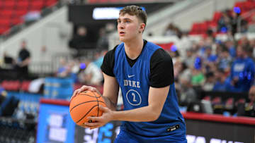 Duke Blue Devils forward Cooper Flagg catches a pass during the NCAA pre tournament practice at Lenovo Center at Lenovo Center. 