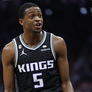 Mar 13, 2023; Sacramento, California, USA; Sacramento Kings point guard De'Aaron Fox (5) reacts after a call during the second quarter against the Milwaukee Bucks at Golden 1 Center. Mandatory Credit: Kelley L Cox-Imagn Images