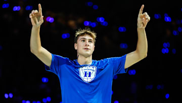 Oct 4, 2024; Durham, NC, USA; Duke Blue Devils guard Cooper Flagg (2) is introduced to the fans during Countdown to Craziness at Cameron Indoor Stadium. Mandatory Credit: Jaylynn Nash-Imagn Images