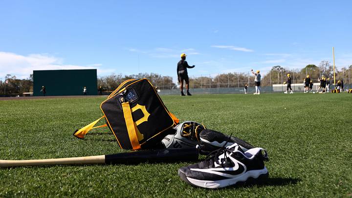 Feb 14, 2024; Bradenton, FL, USA; A detail view of Pittsburgh Pirates third baseman Ke'Bryan Hayes (13) (not pictured) bat, glove, baseball cleats andnd bag as he works out during spring training practice at Pirate City. Mandatory Credit: Kim Klement Neitzel-Imagn Images