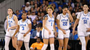 Mar 23, 2025; Los Angeles, California, USA; UCLA Bruins Gabriela Jaquez (11), Londynn Jones (3), Kiki Rice (1), Kendall Dudley (22), and Lauren Betts (51) during an NCAA Tournament second round game against the Richmond Spidersat Pauley Pavilion presented by Wescom. Mandatory Credit: Robert Hanashiro-Imagn Images