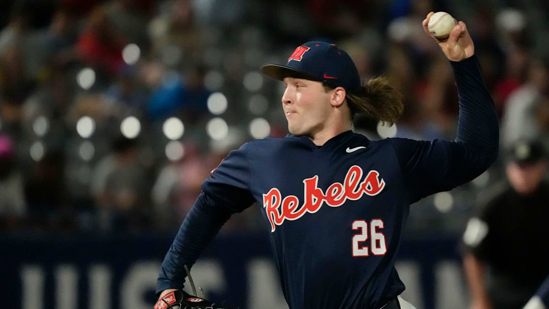 May 21, 2025; Hoover, AL, USA; Ole Miss pitcher Hunter Elliott (26) starts the game against Florida in the second round of the SEC Baseball Tournament at the Hoover Met.
