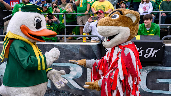 The Oregon Duck does weddings and personal appearances now. There's a fee schedule with contact information.  Mandatory Credit: Craig Strobeck-Imagn Images