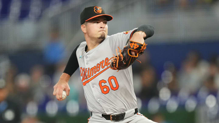Jul 24, 2024; Miami, Florida, USA; Baltimore Orioles starting pitcher Chayce McDermott (60) pitches against the Miami Marlins in the first inning at loanDepot Park. Jul 24, 2024; Miami, Florida, USA; Baltimore Orioles starting pitcher Chayce McDermott (60) pitches against the Miami Marlins in the first inning at loanDepot Park.