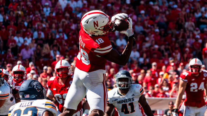 Aug 31, 2024; Lincoln, Nebraska, USA; Nebraska Cornhuskers wide receiver Isaiah Neyor catches a pass against the UTEP Miners during the second quarter at Memorial Stadium. 