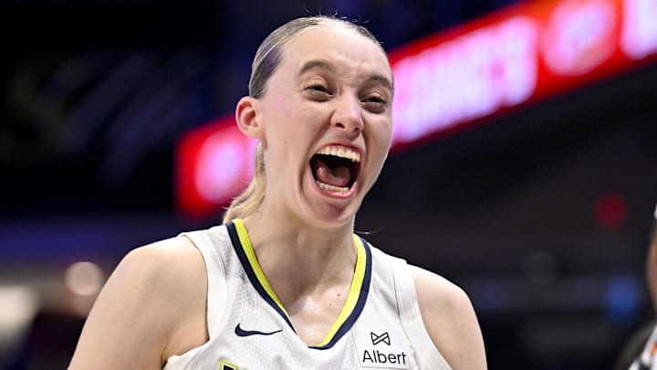 Sep 11, 2025; Arlington, Texas, USA; Dallas Wings guard Paige Bueckers (5) celebrates after the game against the Phoenix Mercury at College Park Center. Mandatory Credit: Jerome Miron-Imagn Images