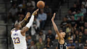 Nov 15, 2024; San Antonio, Texas, USA; Los Angeles Lakers forward LeBron James (23) shoots over the San Antonio Spurs center Victor Wembanyama (1) during the first half during the first half at Frost Bank Center. Mandatory Credit: Scott Wachter-Imagn Images