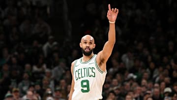 Feb 12, 2025; Boston, Massachusetts, USA; Boston Celtics guard Derrick White (9) reacts after making a three-point basket against the San Antonio Spurs during the first quarter at the TD Garden. Mandatory Credit: Brian Fluharty-Imagn Images