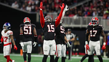 Dec 22, 2024; Atlanta, Georgia, USA; Atlanta Falcons linebacker Matthew Judon (15) celebrates after a sack against the New York Giants in the fourth quarter at Mercedes-Benz Stadium. Mandatory Credit: Brett Davis-Imagn Images
