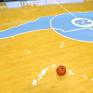 Dec 13, 2022; Chapel Hill, North Carolina, USA; A view of the center court logo at Dean E. Smith Center. 