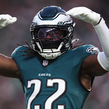 Jan 12, 2025; Philadelphia, Pennsylvania, USA; Philadelphia Eagles cornerback Kelee Ringo (22) reacts against the Green Bay Packers during the first quarter in the NFC wild card game at Lincoln Financial Field. Mandatory Credit: Bill Streicher-Imagn Images