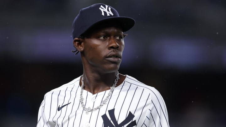 Aug 7, 2024; Bronx, New York, USA; New York Yankees third baseman Jazz Chisholm Jr. (13) reacts during the third inning against the Los Angeles Angels at Yankee Stadium.