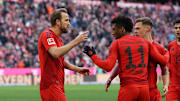 Harry Kane (l.) mit Kingsley Coman und Joshua Kimmich