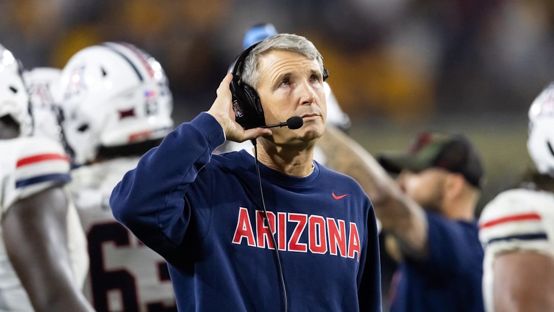 Nov 28, 2025; Tempe, Arizona, USA; Arizona Wildcats head coach Brent Brennan against the Arizona State Sun Devils during the 99th Territorial Cup at Mountain America Stadium. Mandatory Credit: Mark J. Rebilas-Imagn Images