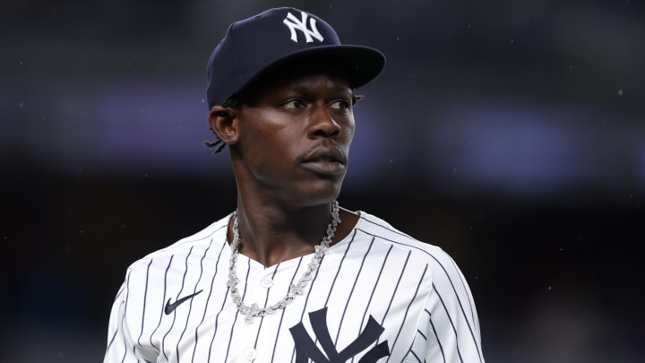 New York Yankees third baseman Jazz Chisholm Jr. on the field in the Bronx.