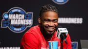 Mar 28, 2024; Dallas, TX, USA;  Houston Cougars guard Jamal Shead (1) speaks to the media during a practice day at American Airline Center. Mandatory Credit: Kevin Jairaj-USA TODAY Sports