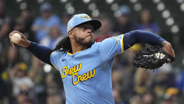 Jun 13, 2025; Milwaukee, Wisconsin, USA; Milwaukee Brewers pitcher Freddy Peralta (51) delivers a pitch against the St. Louis Cardinals in the first inning at American Family Field. Mandatory Credit: Michael McLoone-Imagn Images