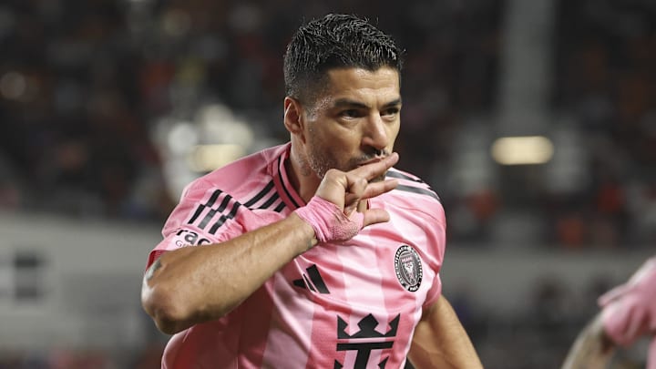 Luis Suarez celebrates Inter Miami's fourth goal against Houston Dynamo in MLS.