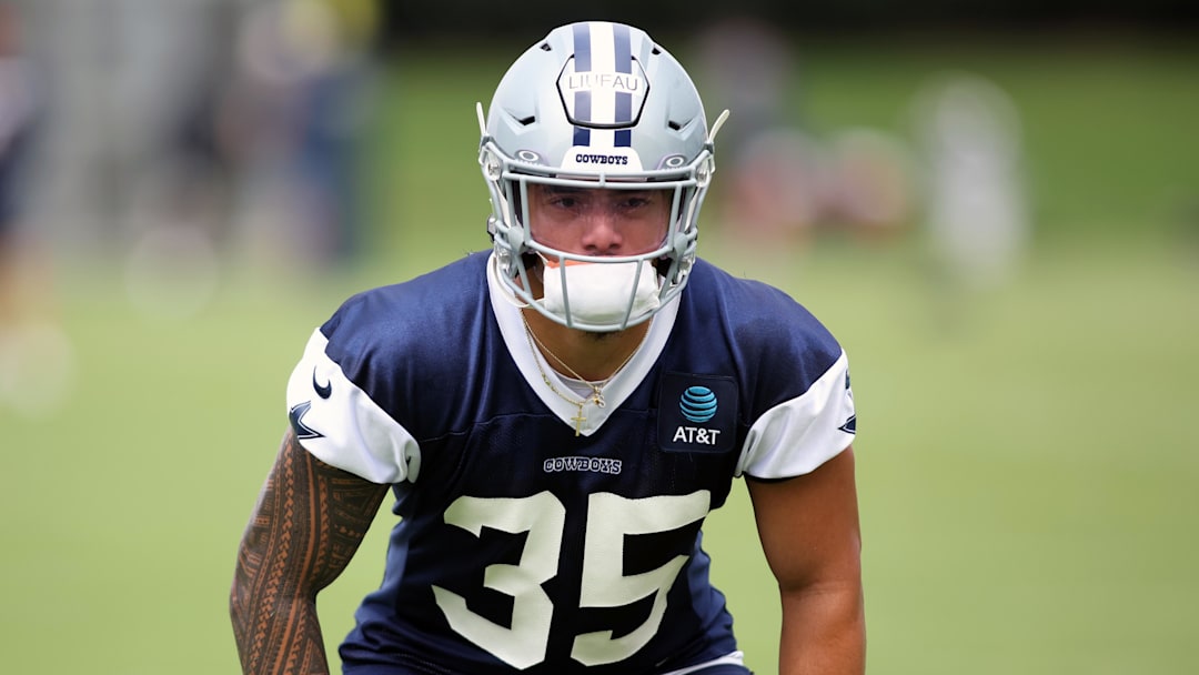Jun 4, 2024; Frisco, TX, USA; Dallas Cowboys linebacker Marist Liufau (35) goes through drills during practice at the Ford Center at the Star Training Facility in Frisco, Texas. Mandatory Credit: Tim Heitman-Imagn Images