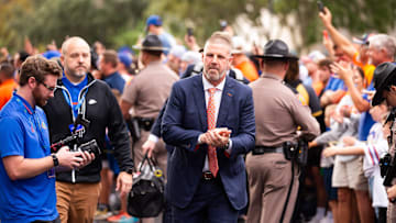 Florida Gators head coach Billy Napier claps during Gator Walk before the game against the Kentucky Wildcats at Ben Hill Griffin Stadium in Gainesville, FL on Saturday, October 19, 2024. [Doug Engle/Gainesville Sun]
