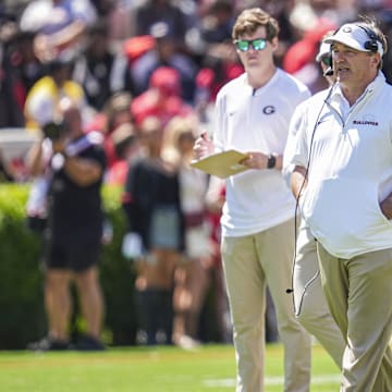 Apr 12, 2025; Athens, GA, USA; Georgia Bulldogs head coach Kirby Smart shown during the Georgia Spring game at Sanford Stadium. Mandatory Credit: Dale Zanine-Imagn Images
