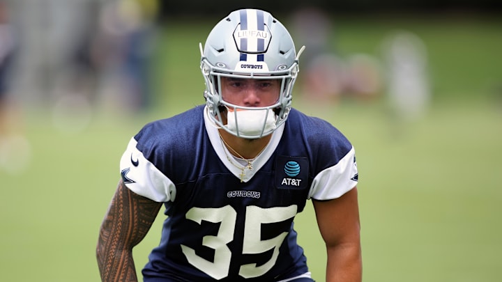 Jun 4, 2024; Frisco, TX, USA; Dallas Cowboys linebacker Marist Liufau (35) goes through drills during practice at the Ford Center at the Star Training Facility in Frisco, Texas. Mandatory Credit: Tim Heitman-Imagn Images