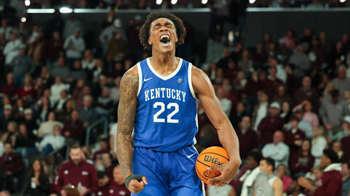 Jan 11, 2025; Starkville, Mississippi, USA; Kentucky Wildcats center Amari Williams (22) reacts against the Mississippi State Bulldogs during the second half at Humphrey Coliseum. Mandatory Credit: Wesley Hale-Imagn Images