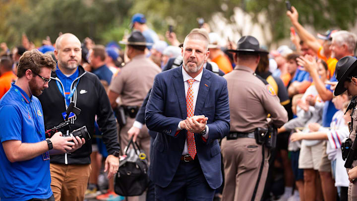 Florida Gators head coach Billy Napier claps during Gator Walk before the game against the Kentucky Wildcats at Ben Hill Griffin Stadium in Gainesville, FL on Saturday, October 19, 2024. [Doug Engle/Gainesville Sun]