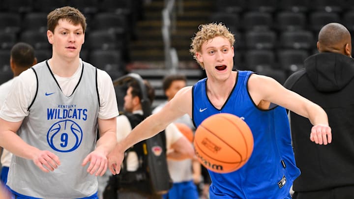 Mar 19, 2026; St. Louis, MO, USA; Kentucky Wildcats guard Collin Chandler (5) reacts after making a half court shot during a practice session ahead of the first round of the men's 2026 NCAA Tournament at Enterprise Center. Mandatory Credit: Jeff Curry-Imagn Images