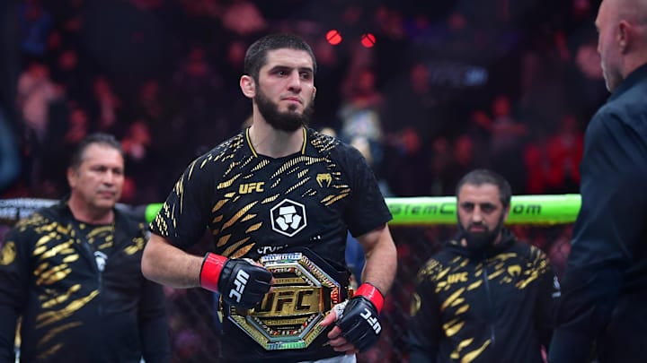 Jan 18, 2025; Inglewood, California, USA; Islam Makhachev (red gloves) reacts after defeating Renato Moicano (not pictured) in a lightweight title fight during UFC 311 at Intuit Dome. Mandatory Credit: Gary A. Vasquez-Imagn Images Jan 18, 2025; Inglewood, California, USA; Islam Makhachev (red gloves) reacts after defeating Renato Moicano (not pictured) in a lightweight title fight during UFC 311 at Intuit Dome. Mandatory Credit: Gary A. Vasquez-Imagn Images